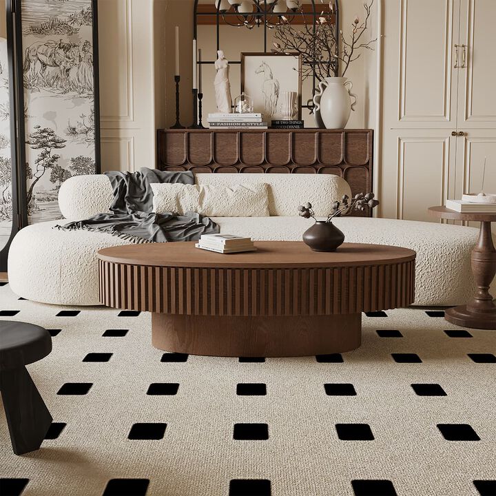 Oval coffee table with storage Solid wood veneer and MDF modern coffee table with fluted base Accent tea coffee table for living room