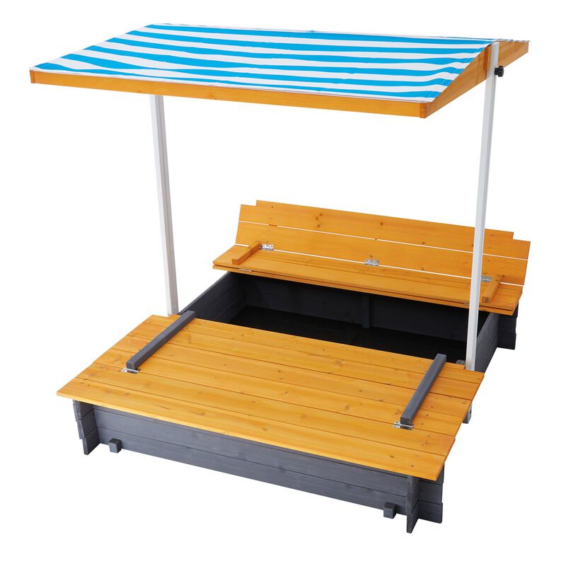 Outdoor Wooden Sandbox with Adjustable Canopy, Foldable Seats and Bottom Liner for Kids image number 0