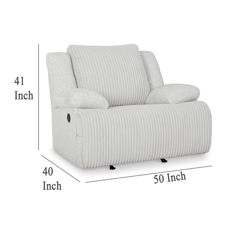 Vincent Manual Rocker Recliner Chair, White Corduroy, Pillow Arms - Benzara