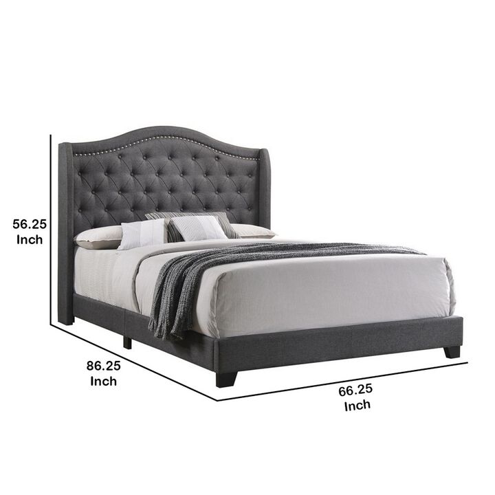 Fabric Upholstered Wooden Demi Wing Queen Bed with Camelback Headboard,Gray-Benzara