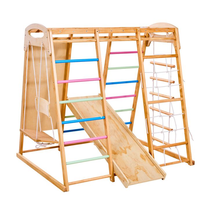 Wooden Indoor Playground Set with Monkey Bars Ladder Net and Rock Wall