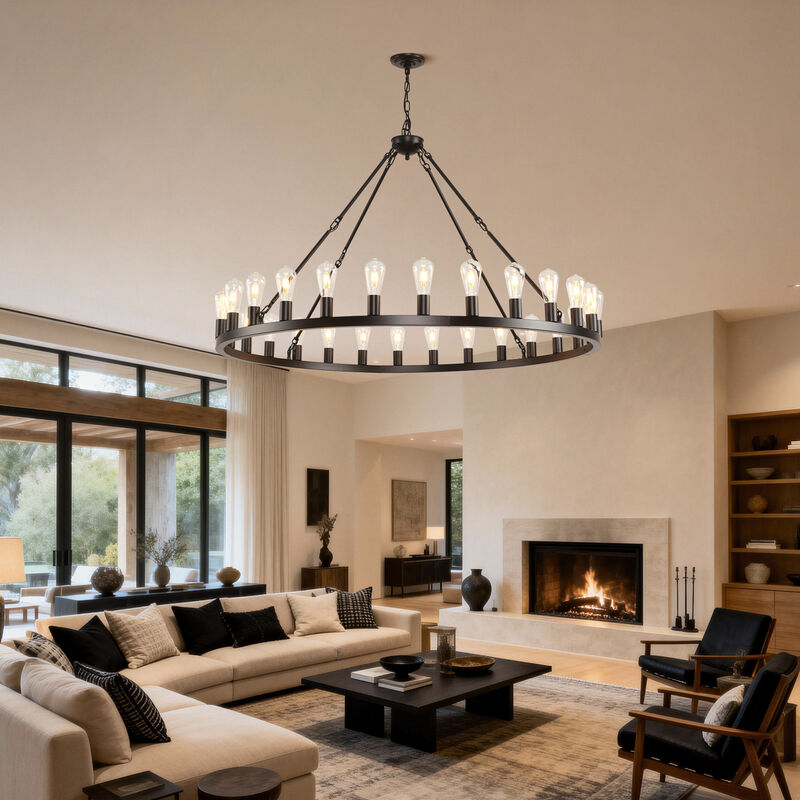 ELEMENT ACE Extra Large Wagon Wheel Chandelier 28-Light Round High Ceiling Pendant Light with Adjustable Chain for Dining Room Living Room Kitchen Foyer Entryway image number 9