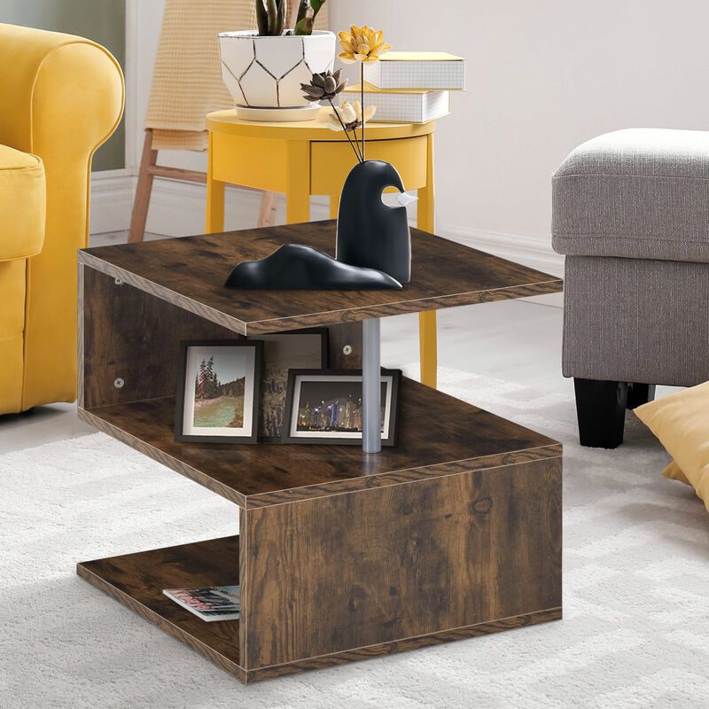 20" Modern End Table, Accent Side Table, S-Shaped Coffee Table with Storage Shelf and Steel Poles, Rustic Brown