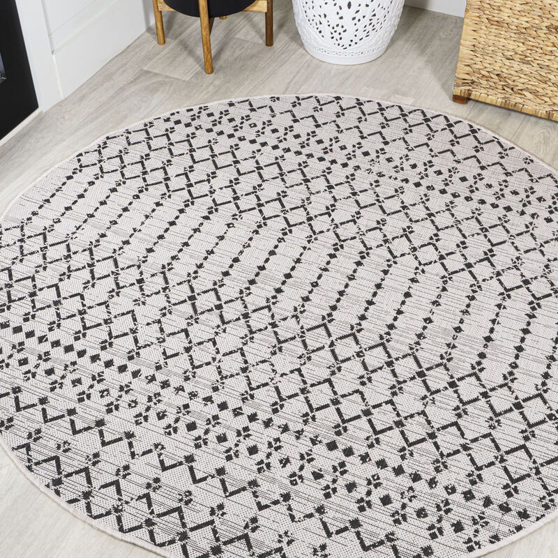 Ourika Moroccan Geometric Textured Weave Round Indoor/Outdoor Area Rug