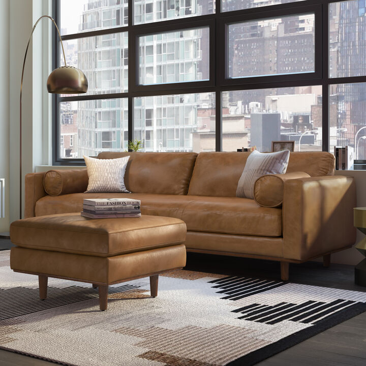 Morrison Mid-Century Modern 89 inch Wide Sofa with Ottoman Set in Caramel Brown Genuine Leather