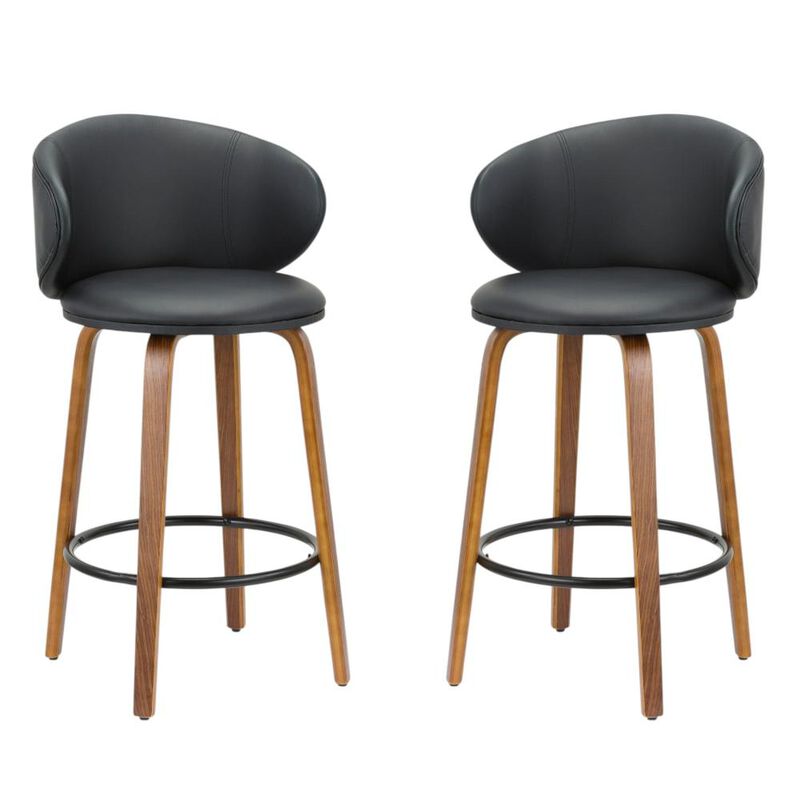 Hivvago Set of Two 26 Inch Black and Brown Faux Leather and Solid Wood Low Back Counter Height Bar Chairs
