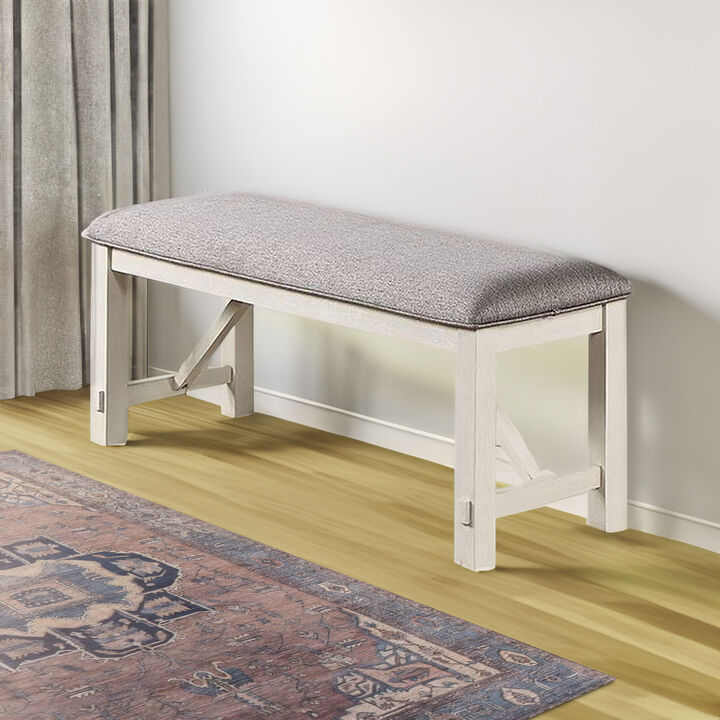 Lexi 50 Inch Dining Bench, Fabric Padded Seat, Rubberwood, Gray and White-Benzara