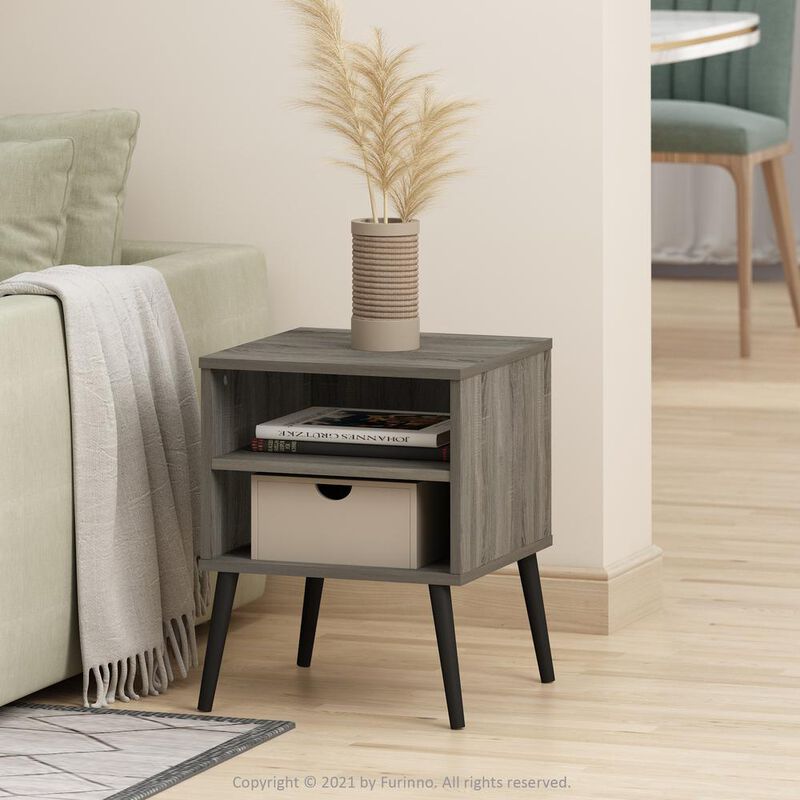 Furinno Claude Mid Century Style End Table with Wood Legs, French Oak Grey