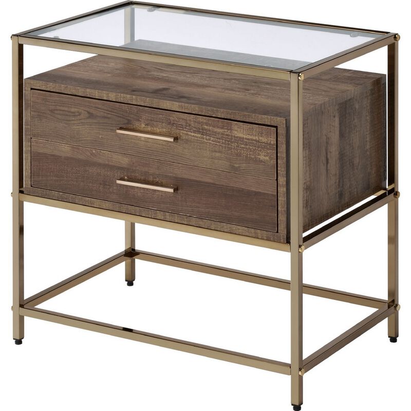 Accent Table with 2 Drawers and Metal Frame Glass Top, Brown and Gold