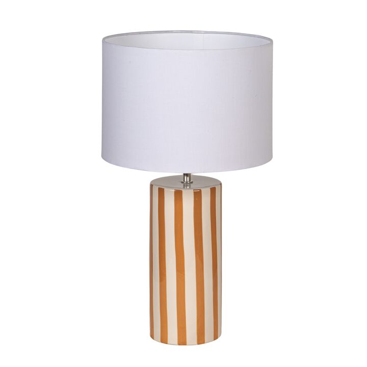 Glazed Stoneware Cylinder Lamp with Brown Stripes and Linen Shade