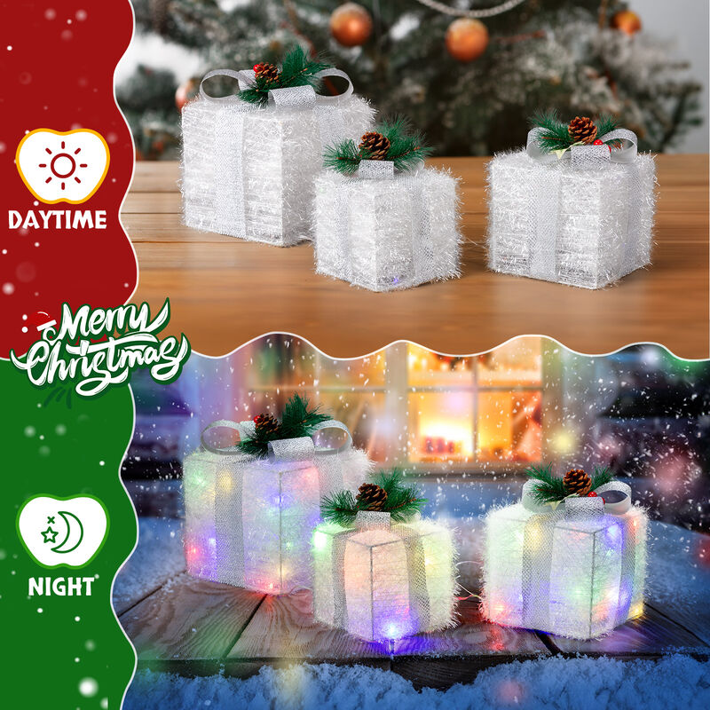 Lighted Gift Boxes Set of 3 Pre-Lit Glitter Present Decor with 48 LED Lights for Indoor & Outdoor
