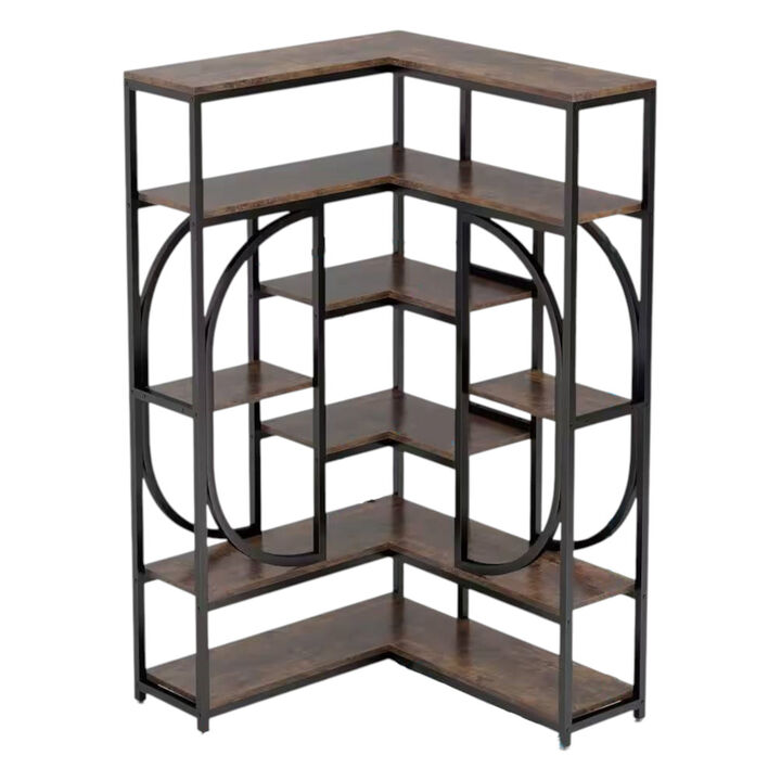 Modern Industrial Corner Bookcase with Metal Frame and Wood Shelves