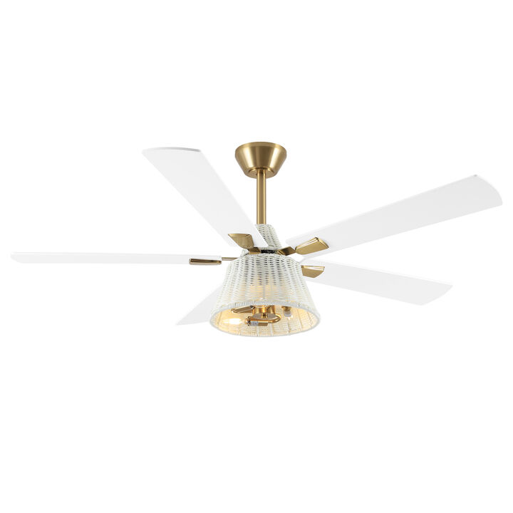 52" Modern Antique Brass Reversible Handwoven PE Rattan Ceiling Fan with Light and Remote