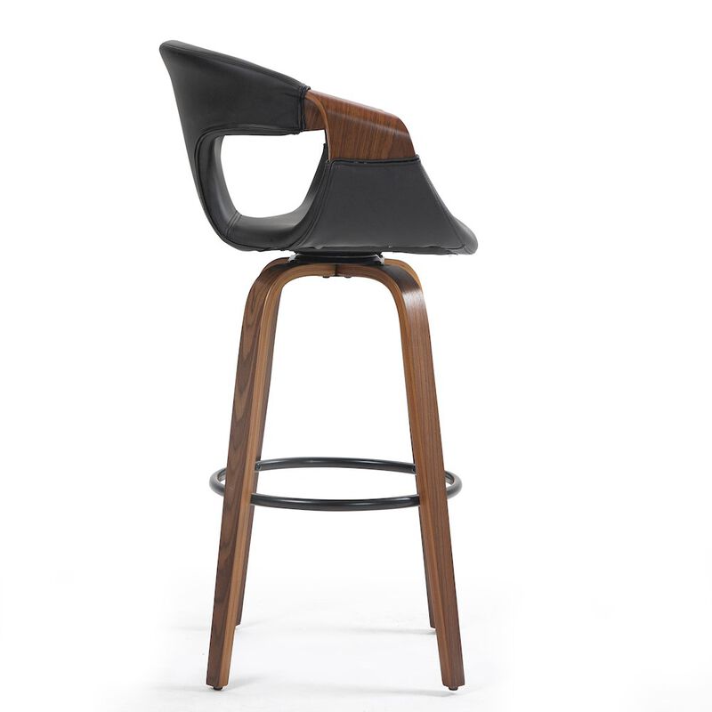 Glamour Home Baylor Black Faux Leather Bar Stool with Walnut Wooden Legs