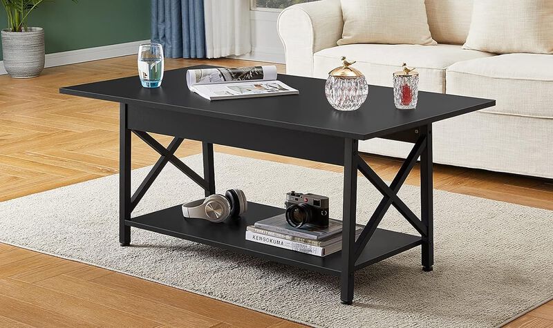 GreenForest Coffee Table with Storage, 39inch Modern Coffee Tables for Living Room, X-Frame Design Farmhouse Black Coffee Table