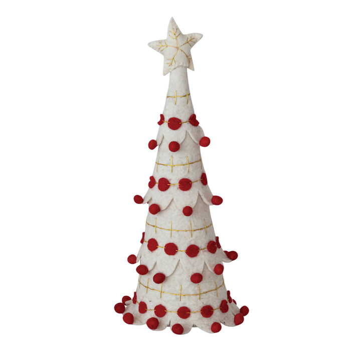 Artisan Wool Felt Tree with Star, Pom Poms & Gold Embroidery