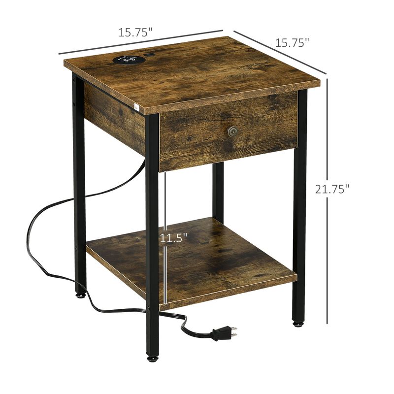 Rustic End Table: Wireless Charging, USB Ports, Warm Brown