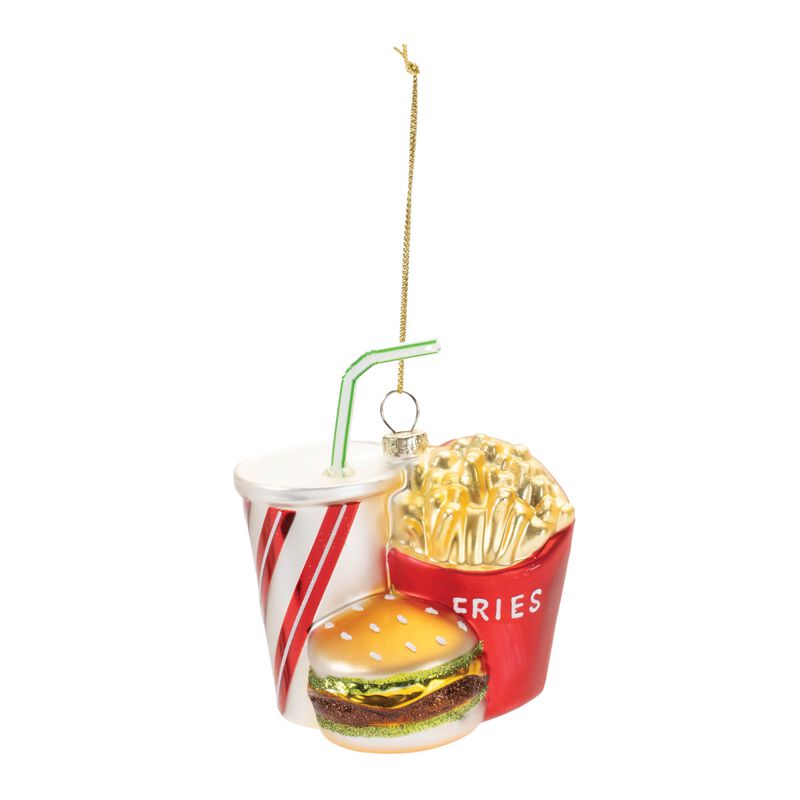 Fast Food Meal Glass Ornaments (Set of 4) – Burger and Fries Christmas Tree Hanging Decorations, Retro Holiday Style