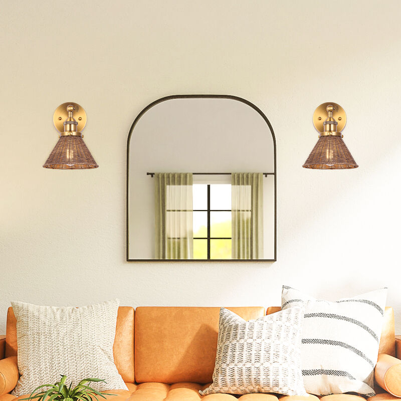 11.8" 1-Light Vintage Farmhouse Gold Rattan LED Wall Sconces with Adjustable Lamp Head