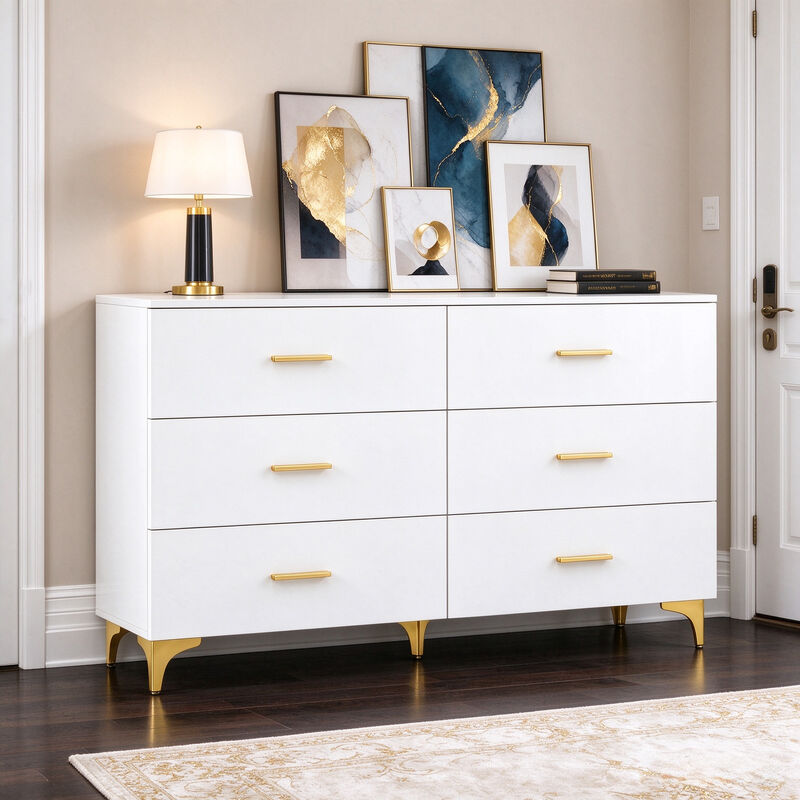 47" White 6 Drawer Dresser with Gold Handles & Legs image number 1