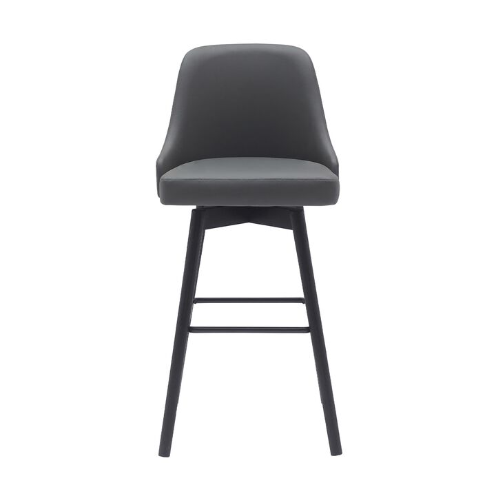 Sean 30 Inch Barstool Chair, Parson Style, Swivel, Gray Faux Leather, Black - Benzara