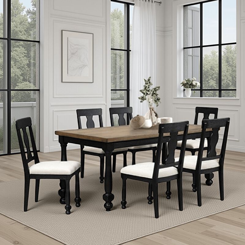 Ginie 7pc Dining Table Set, 6 Chairs, Farmhouse Legs, Black Rubberwood - Benzara