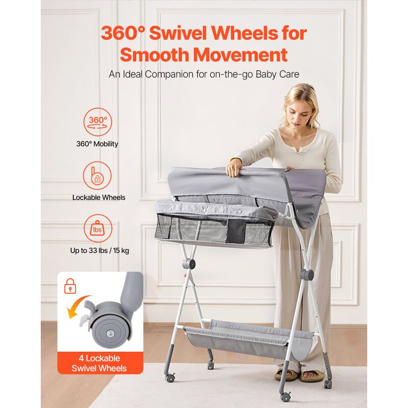Space-Saving Foldable Baby Changing Table with Wheels & Basket