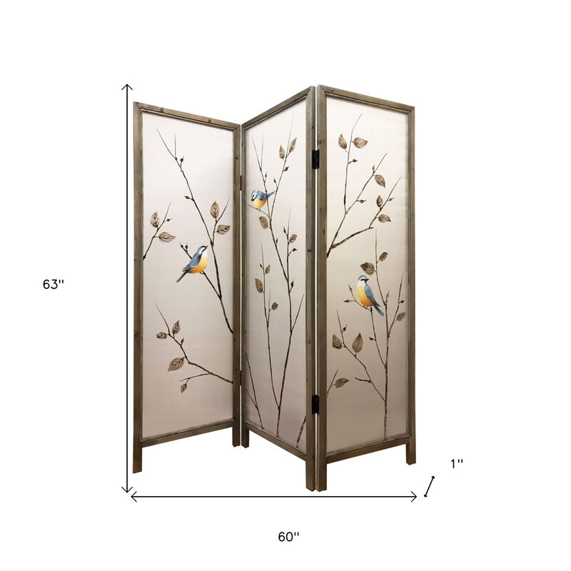 Stylish Fabric and Wood Folding Room Divider with Three Panels for Home or Office
