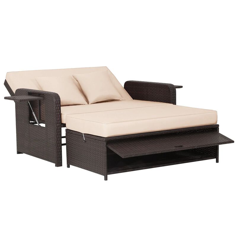 Mondawe Patio Rattan Daybed with 4-Level Adjustable Backrest and Retractable Side Tray