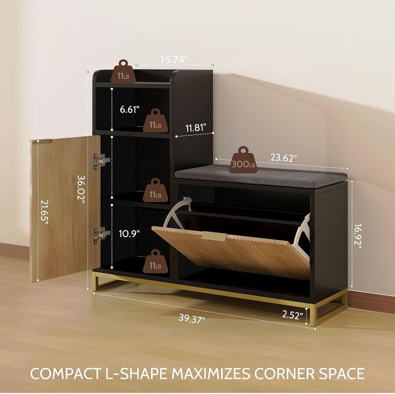L-Shaped Shoe Storage Bench with Flip Drawer & Adjustable Shelves, 39" Entryway Bench with Thickened Padded Seat Cushion, Shoe Rack for Entryway image number 2
