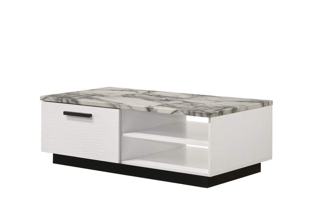 Matilda 47W White Coffee Table with White Faux Marble Top