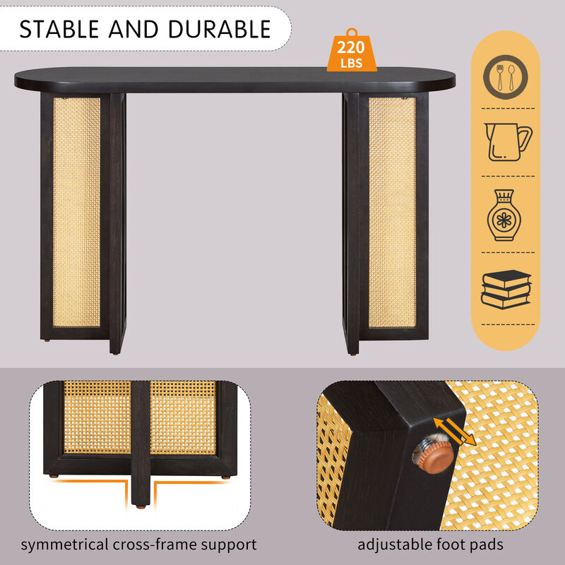 Clihome Farmhouse Rattan Console Table Entryway Table, Narrow Console Table with Storage, Hallway Table for Living Room