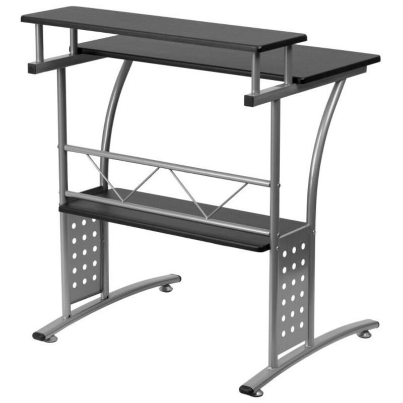 Hivvago Modern Metal Frame Computer Desk with Black Laminate Top and Raised Shelf