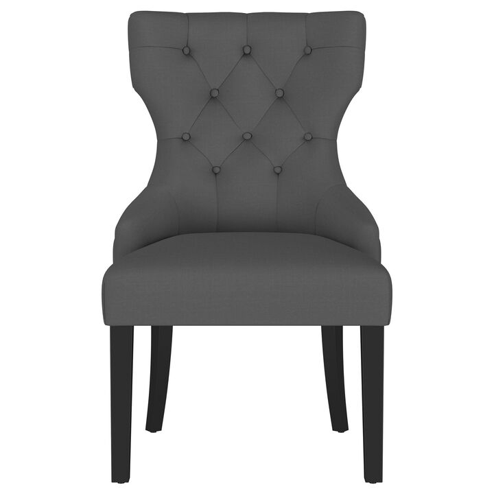 Aney Dining Side Chair, Curved Barrel Design, Gray Fabric, Black Wood - Benzara