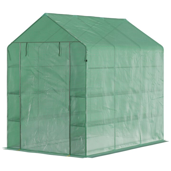 Outsunny 7' x 5' x 6.5' Walk-in Greenhouse, PE Cover, 3-Tier Shelves, Steel Frame Hot house, Roll-Up Zipper Door for Flowers, Vegetables, Saplings, Tropical Plants, Green
