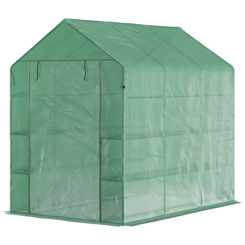 Outsunny 7' x 5' x 6' Walk-in Greenhouse with Mesh Door and Windows, 18 Shelf Hot House with Trellis, Plant Labels, UV protective for Growing Flowers, Herbs, Vegetables, Saplings, Green