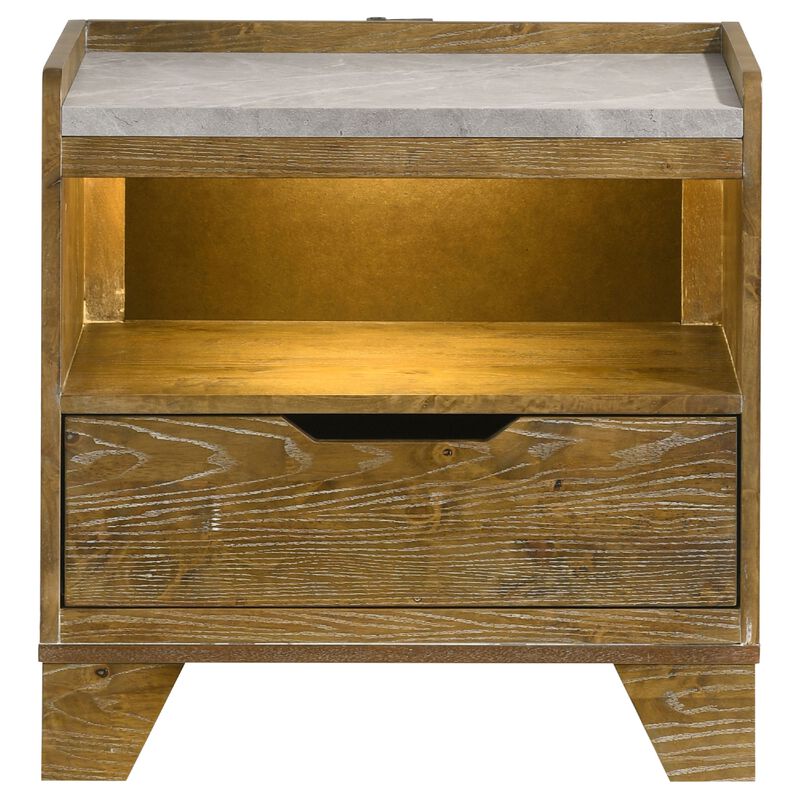 Nolan Nightstand with LED Cubby, Drawer and Marble Top, Brown Wood image number 0