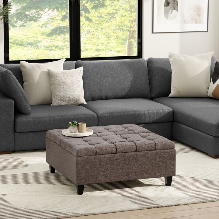 Harrison 36 inch Wide Transitional Square Coffee Table Storage Ottoman in Mink Brown Tweed Look Fabric