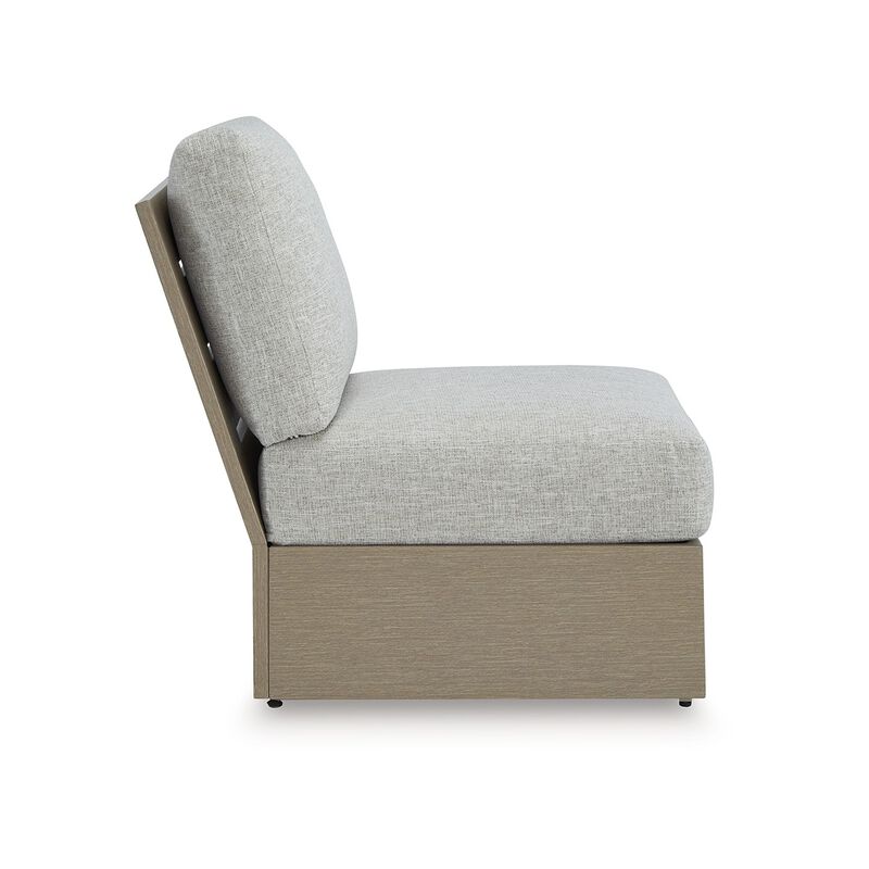 Isle Outdoor Armless Chair, Gray Cushion, Woodlike Brown Metal Frame - Benzara