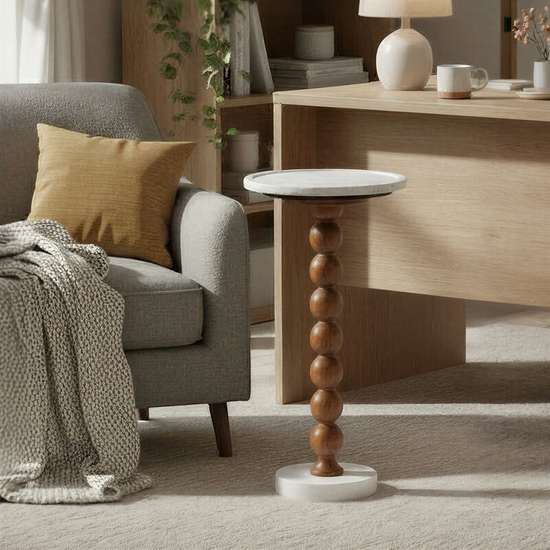 Mango Wood Bead Ball and Marble Drink Table, Honey Walnut and White image number 1
