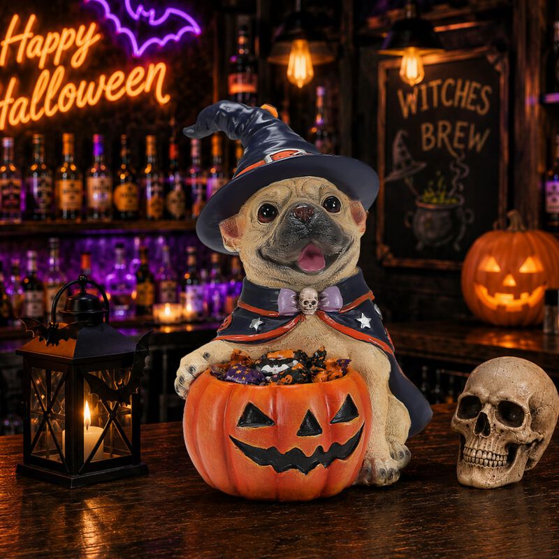 Worip Halloween Resin Dog Witch Figurine with Pumpkin Candy Bowl image number 2