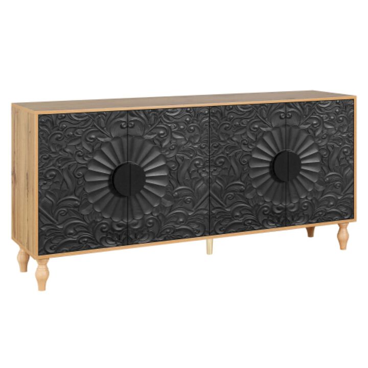 GOODSILO Carved Symmetrical Design Black Door TV Stand Table with Wood Colored Frame for Living Room and Entryway Storage Cabinet