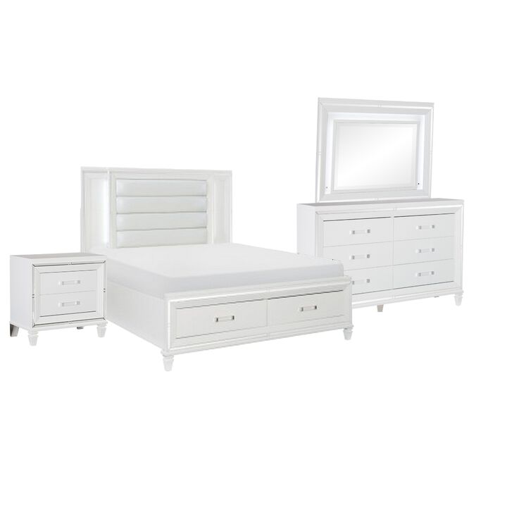 Rosa 4 Pc Queen Storage Bedroom Set, LED, Mirrored Accents, White Metallic