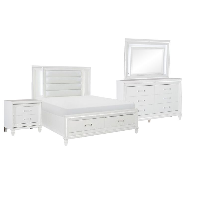 Rosa 4 Pc Queen Storage Bedroom Set, LED, Mirrored Accents, White Metallic image number 0