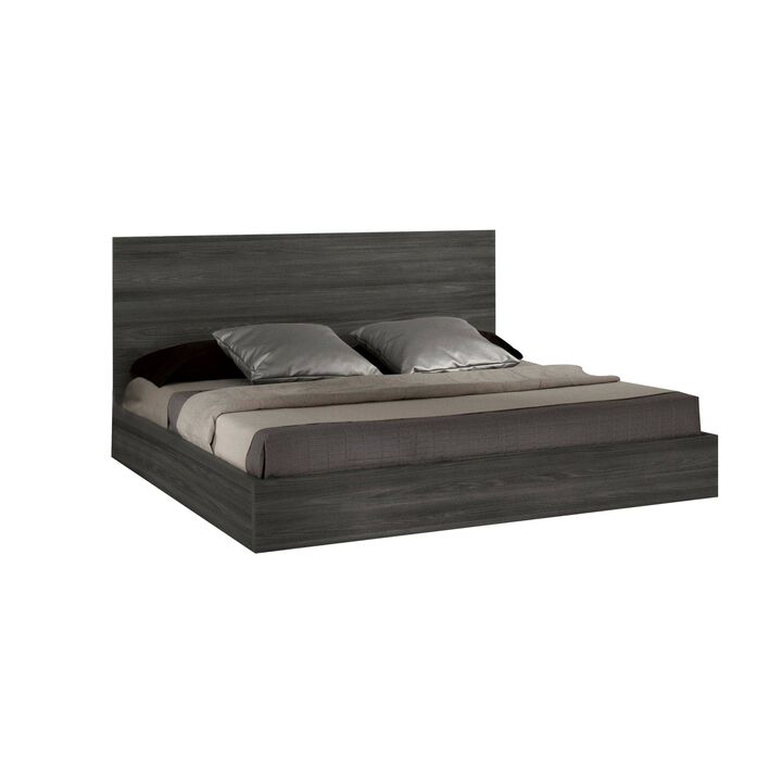 Noe Kamp King Bed with Tall Panel Headboard, Low Profile, Gray Elm Veneer - Benzara