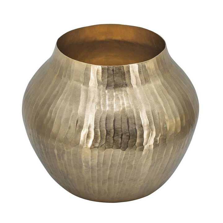 Kria 13 Inch Modern Vase, Curved Shape, Hammered Texture, Gold Metal Finish - Benzara