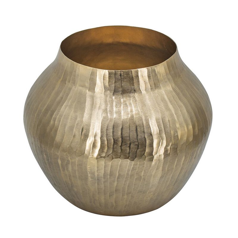 Kria 13 Inch Modern Vase, Curved Shape, Hammered Texture, Gold Metal Finish - Benzara