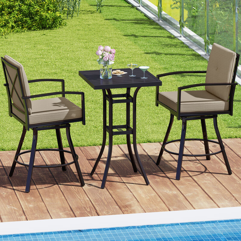 Comfortable 3-Piece Patio Swivel Bar Set with Soft Cushions and Umbrella Hole