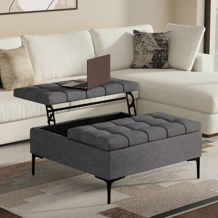 Laura 36 inch Wide Transitional Square Mid Century Lift Top Storage Ottoman in Slate Grey Polyester Linen, Assembled