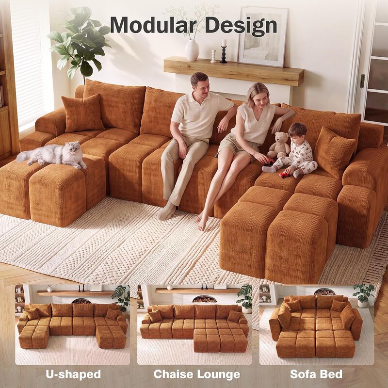 Vipbear 152" Oversized Modular Sectional Sofa, Ottoman U Shape Deep Seat 6 Seater Chenille Couch image number 4